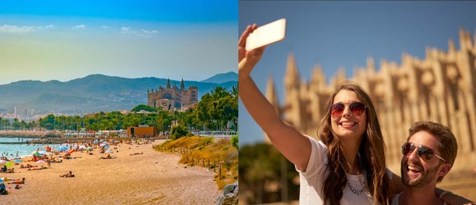 Selfie ved katedralen og strand i Palma de Mallorca