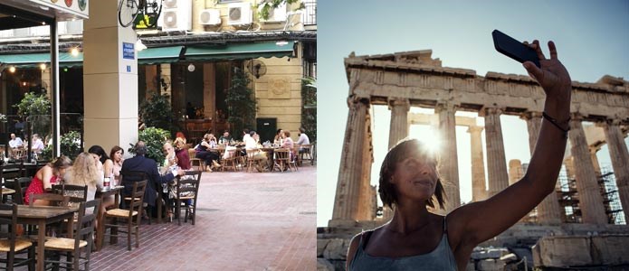 Akropolis og restauranter i Athen