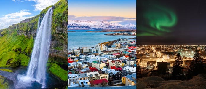 Vandfald, Reykjavik og Nordlys i Island