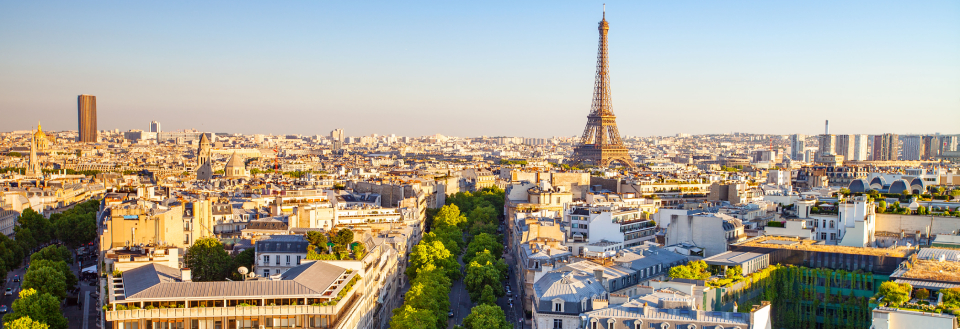 Paris med Eiffeltårnet i forgrunden og udstrakt bylandskab under klar himmel.